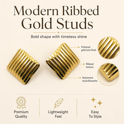 Lightweight gold ribbed square stud earrings for daily wear and party look