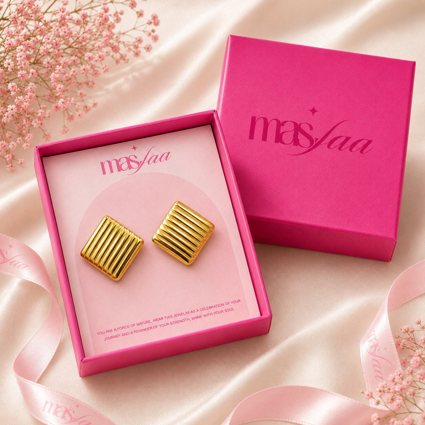 Gold square stud earrings placed in premium jewellery gift box