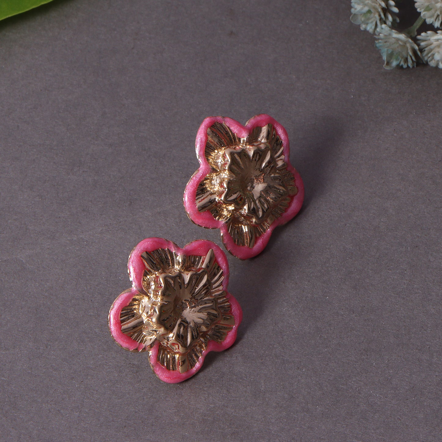 Pink Enamel Bloom Stud Earrings