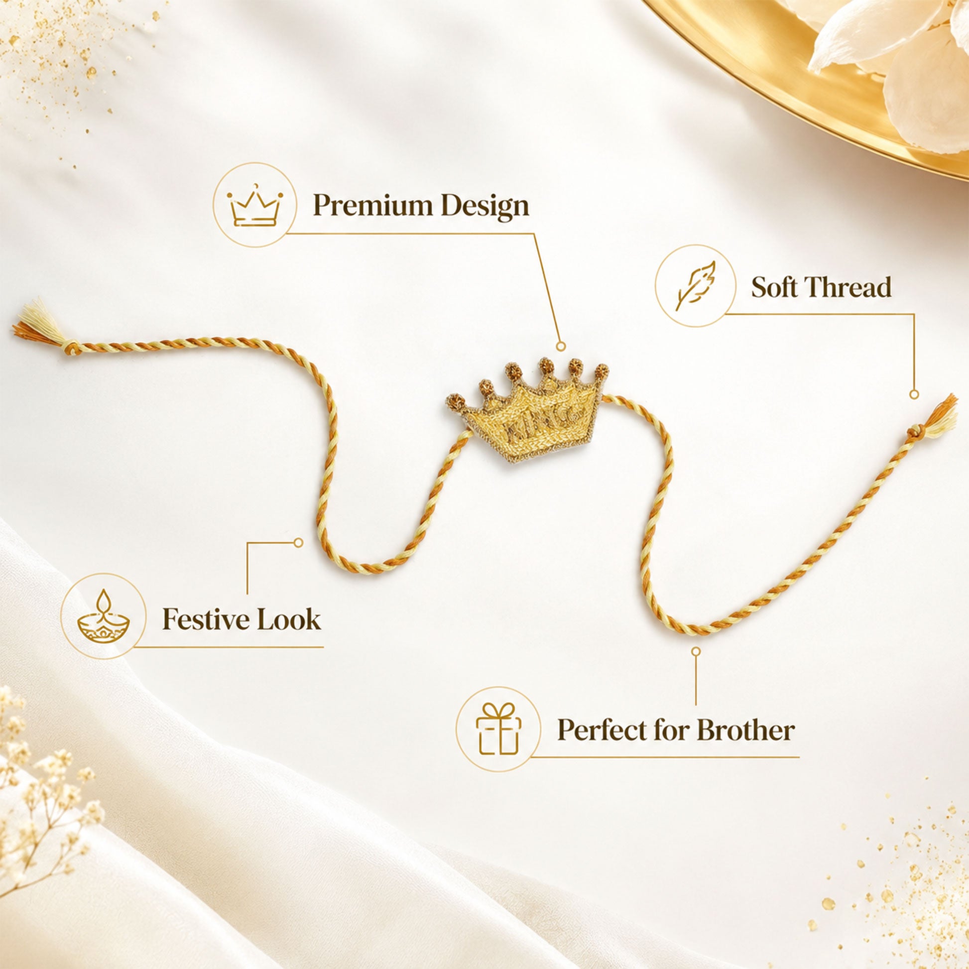 Detailed view of handcrafted gold embroidered rakhi