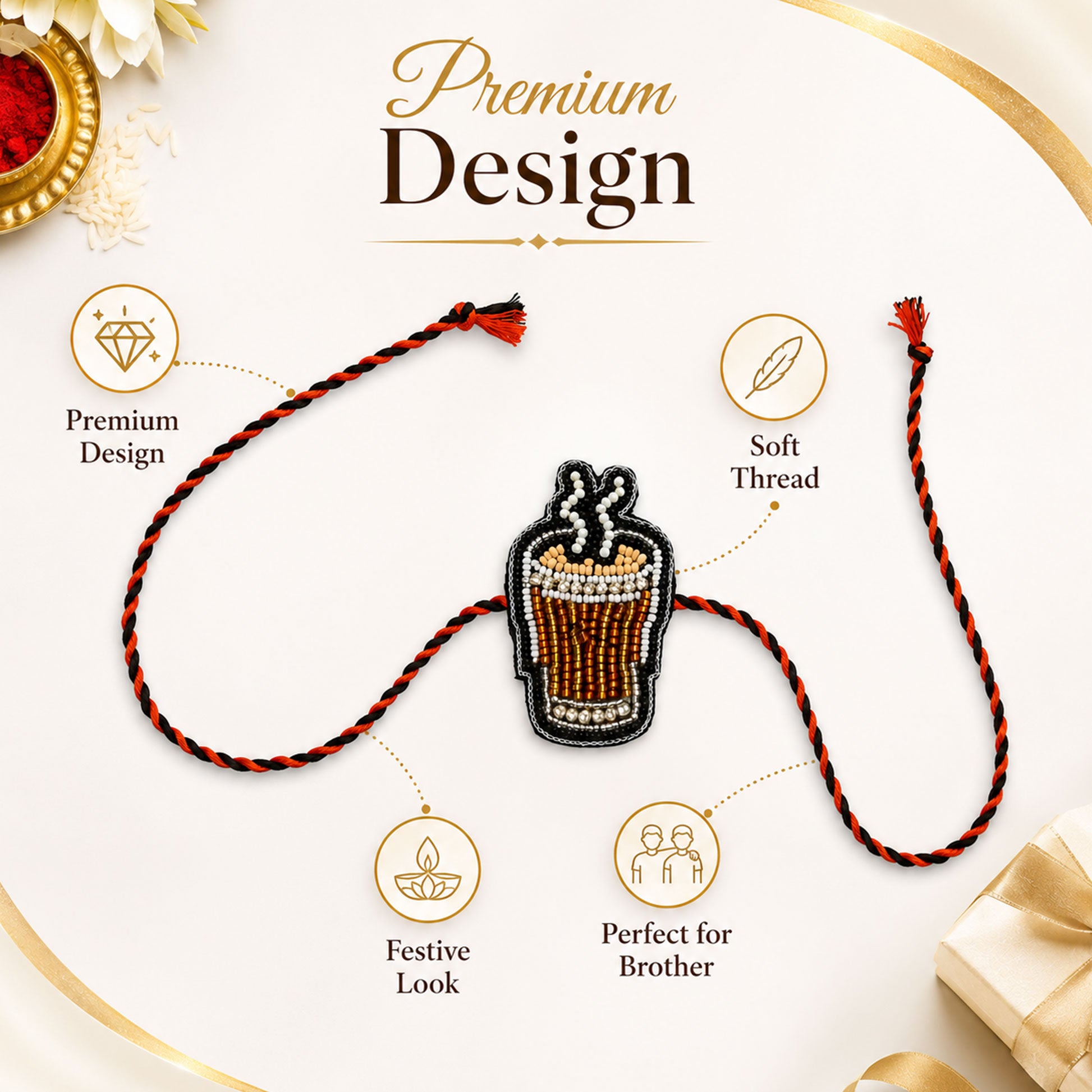 Detailed view of handcrafted orange and black beaded rakhi