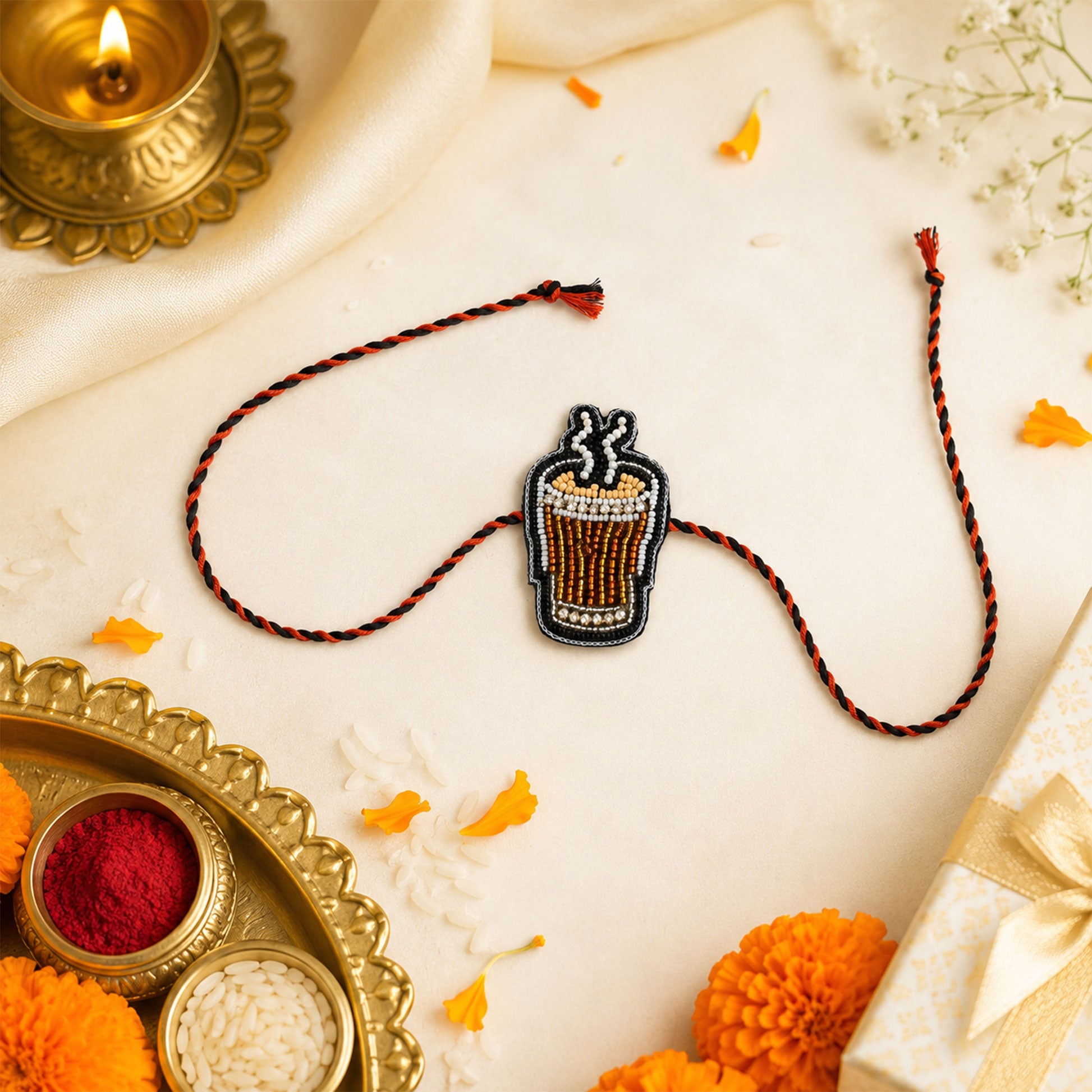 Black and orange braided thread rakhi with cup centerpiece