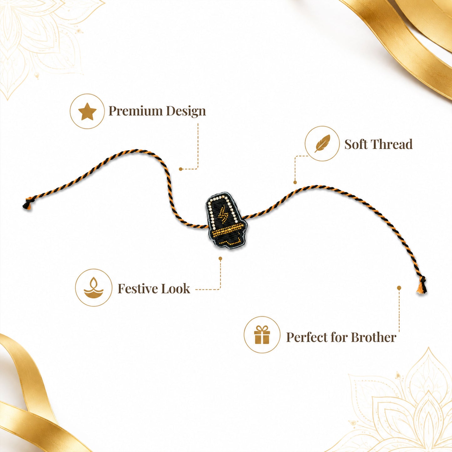 Black and yellow braided thread rakhi with cup centerpiece