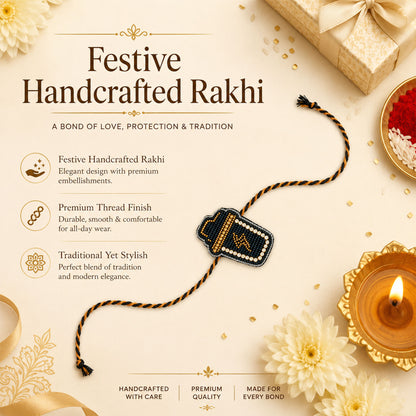 Detailed view of handcrafted black yellow beaded rakhi