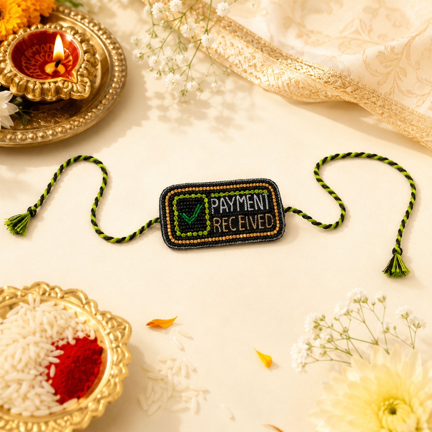 Detailed view of handcrafted black green beaded rakhi
