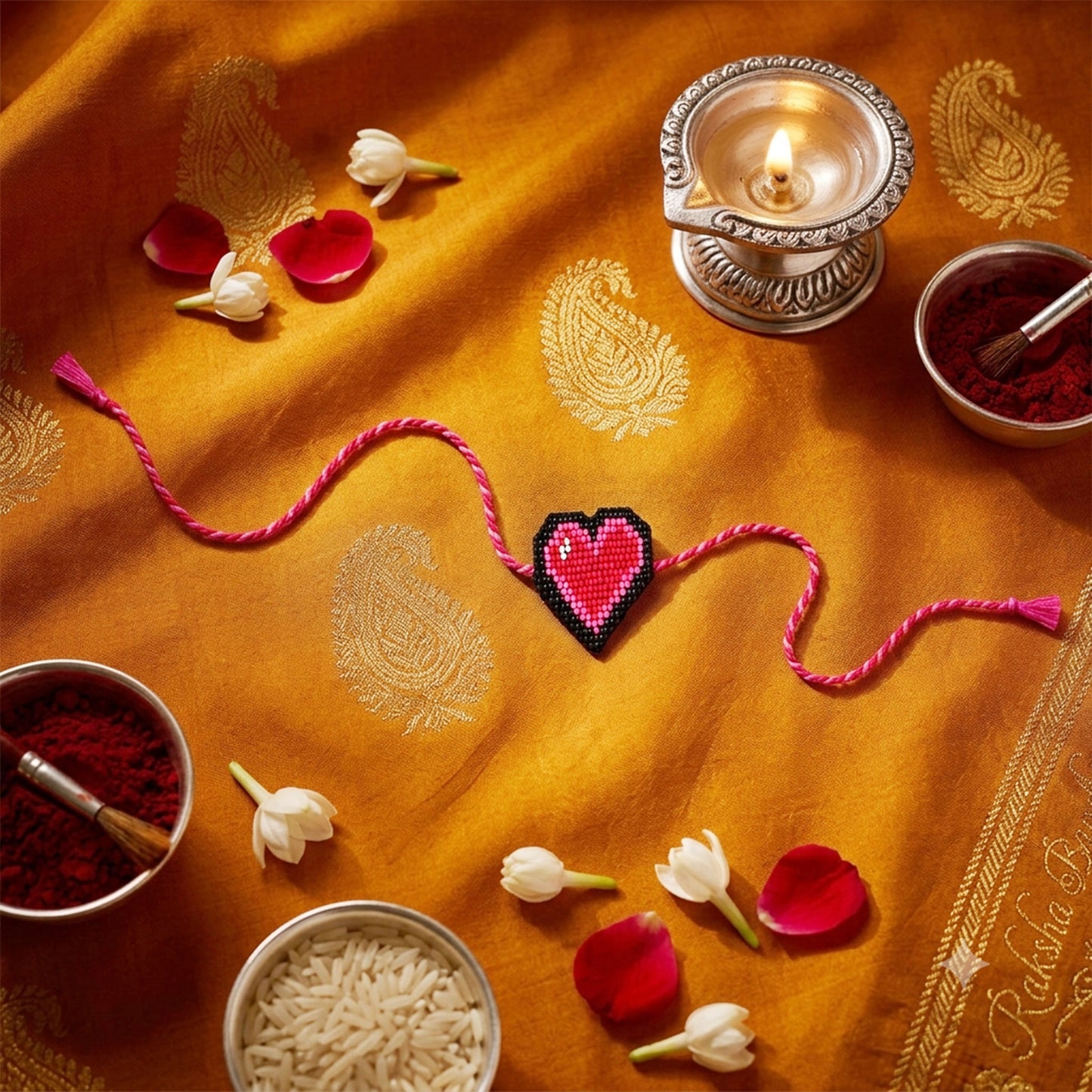 Close-up view of pink heart rakhi with bead detailing