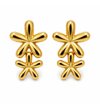 Gold double flower drop earrings pair