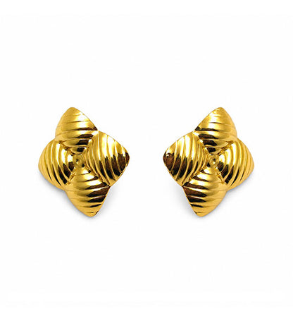Gold ribbed star stud earrings pair on white background