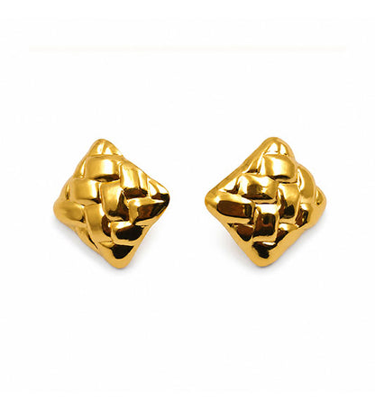 Gold woven square stud earrings pair on white background