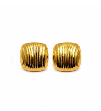 Gold ribbed square dome stud earrings pair on white background