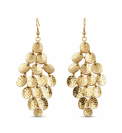 Gold hammered disc chandelier earrings pair on white background