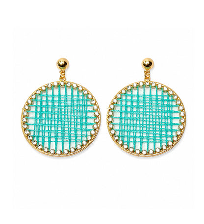 Turquoise woven round drop earrings pair on white background