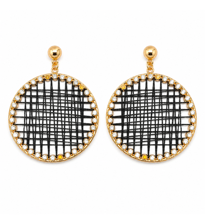 Black thread round drop earrings pair on white background