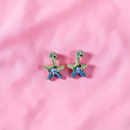 Azure Starfish Hand-Beaded Drop Earrings