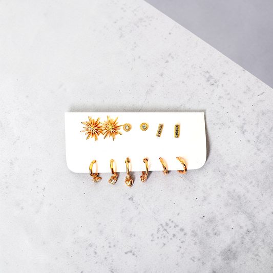 Gold Multi-Style Earrings Set – 9 Pair Minimal Stud & Hoop Combo