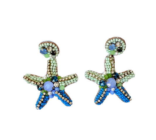 Azure Starfish Hand-Beaded Drop Earrings