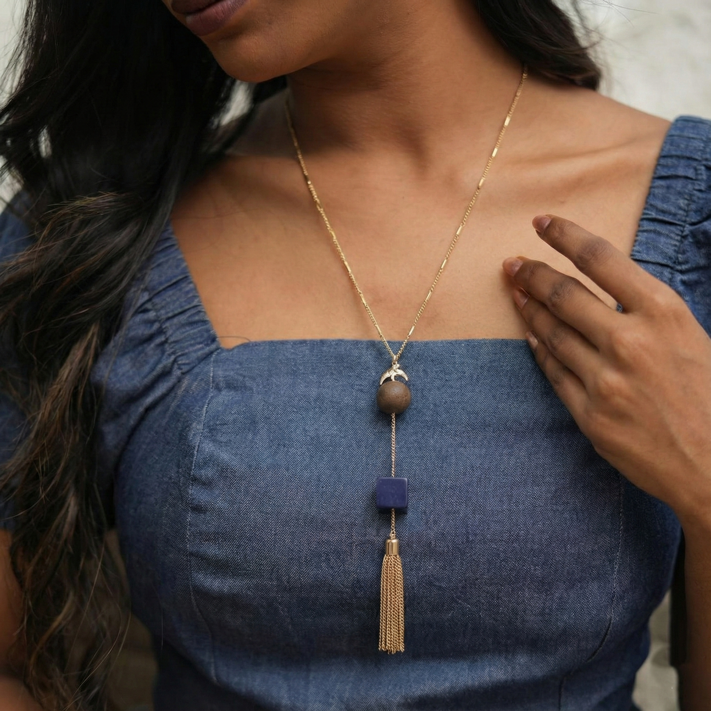Stone & Tassel Long Necklace