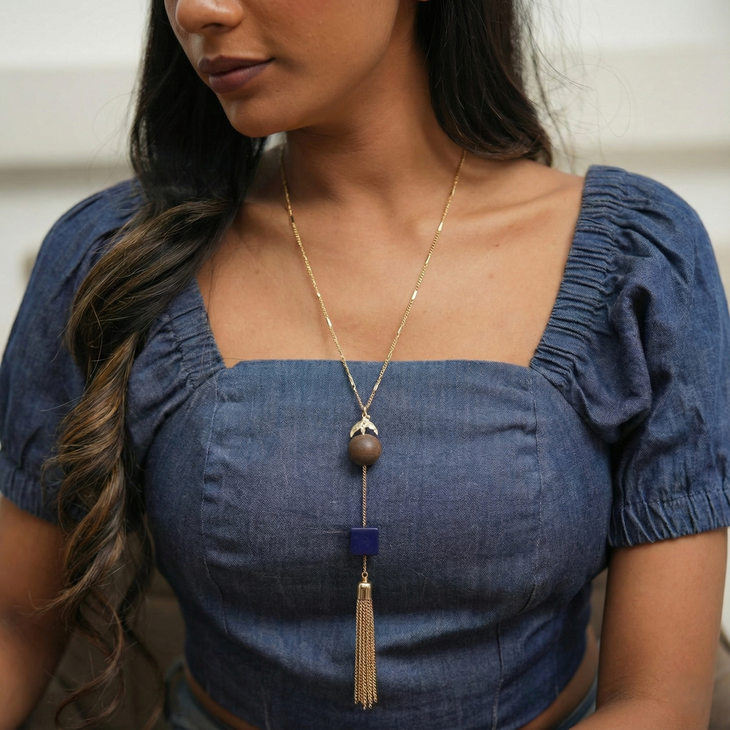 Stone & Tassel Long Necklace