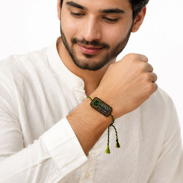 Close-up view of payment received rakhi with bead detailing