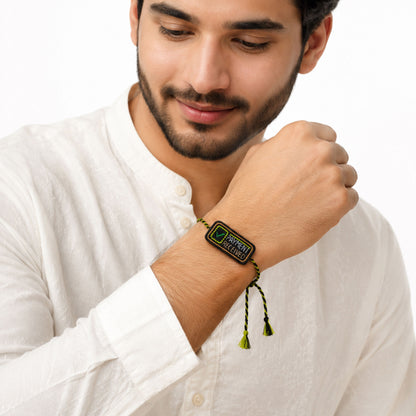 Close-up view of payment received rakhi with bead detailing