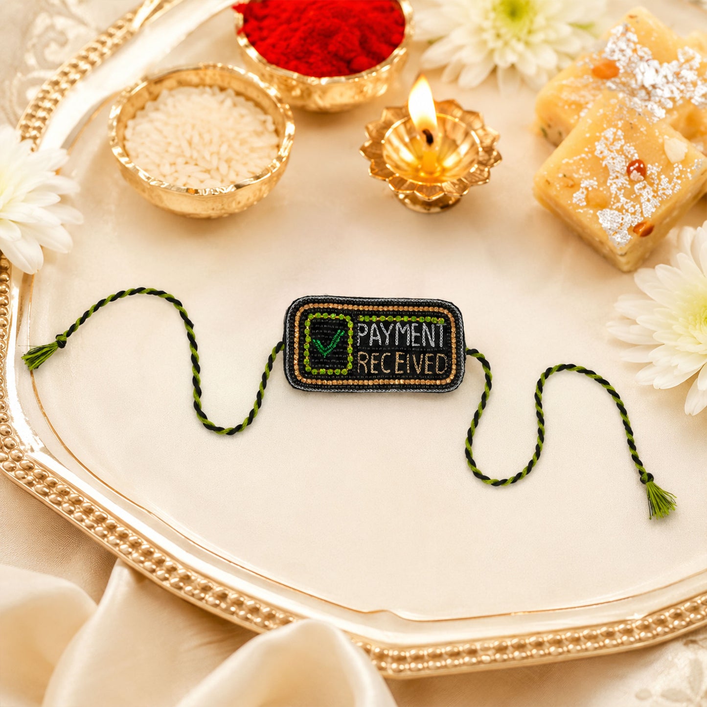 Black and green braided thread rakhi with payment received centerpiece